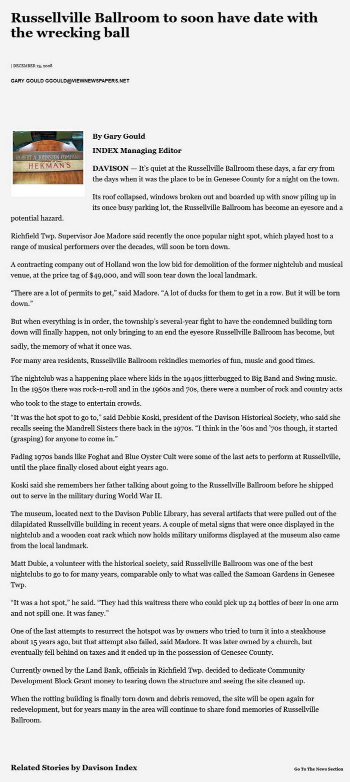 Russellville Ballroom - Article From Davison Index - Gary Gould
